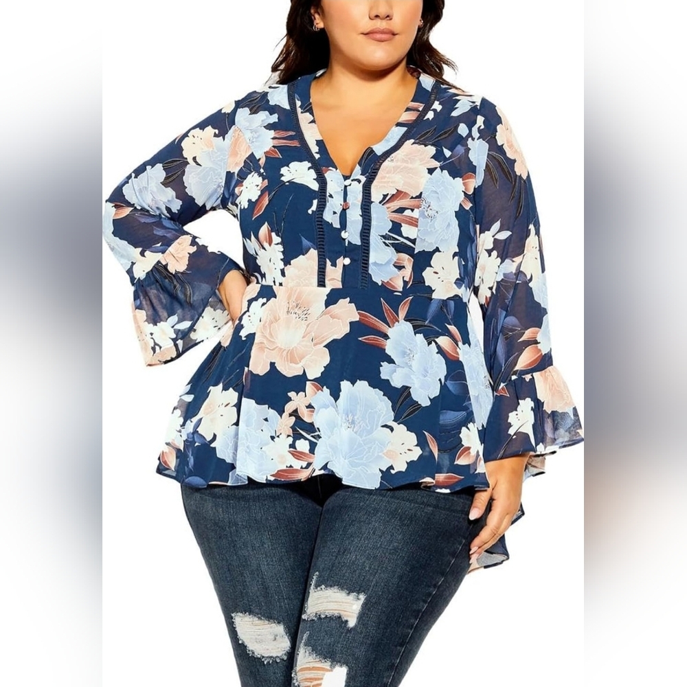 City Chic Navy Floral Blouse Women's Top Caroline Steel Blue Tender Fl XXL 24